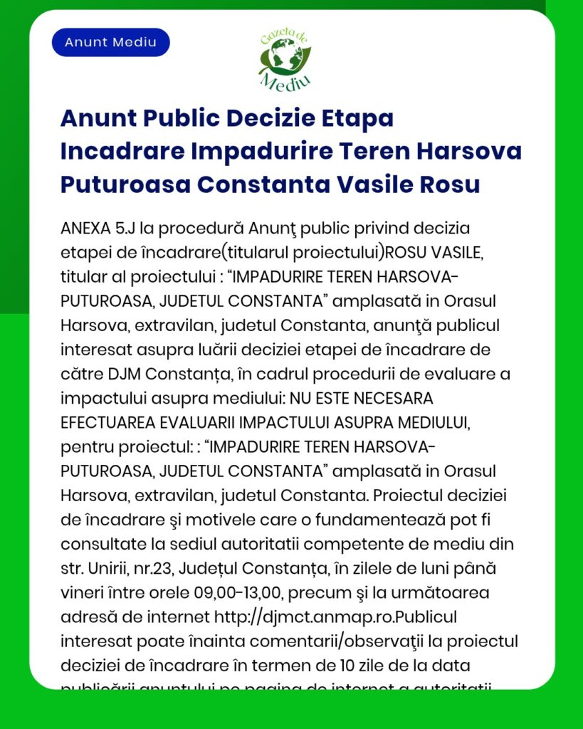 Anunt Public Decizie Etapa Incadrare Impadurire Teren Harsova Puturoas