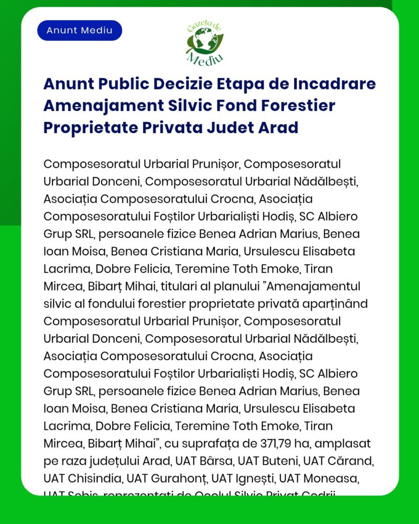 Anunt Public Decizie Etapa de Incadrare Amenajament Silvic Fond Forest