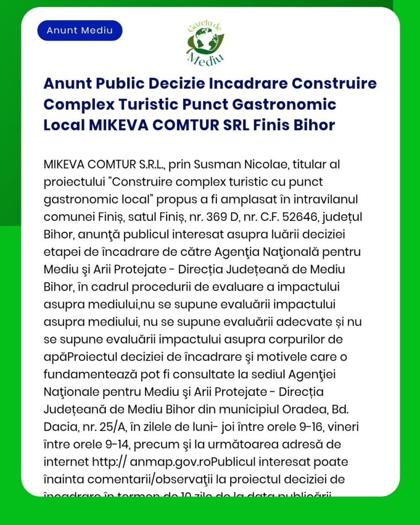 Anunt Public Decizie Incadrare Construire Complex Turistic Punct Gastr