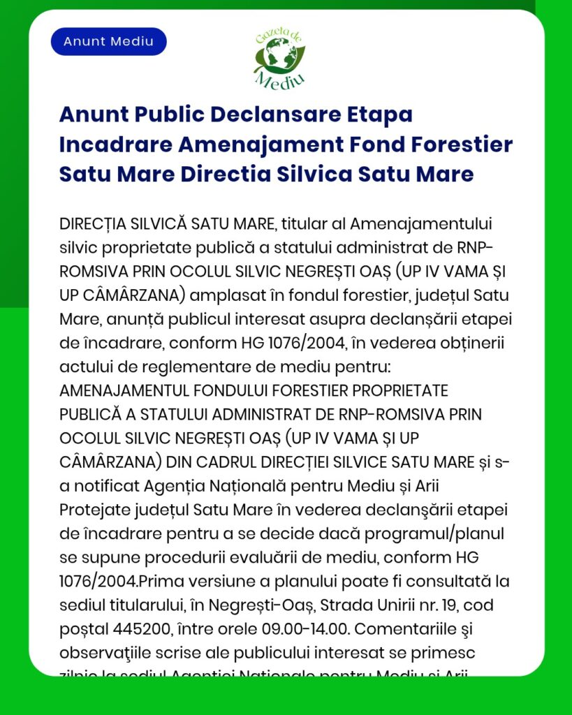 Anunt Public Declansare Etapa Incadrare Amenajament Fond Forestier Sat