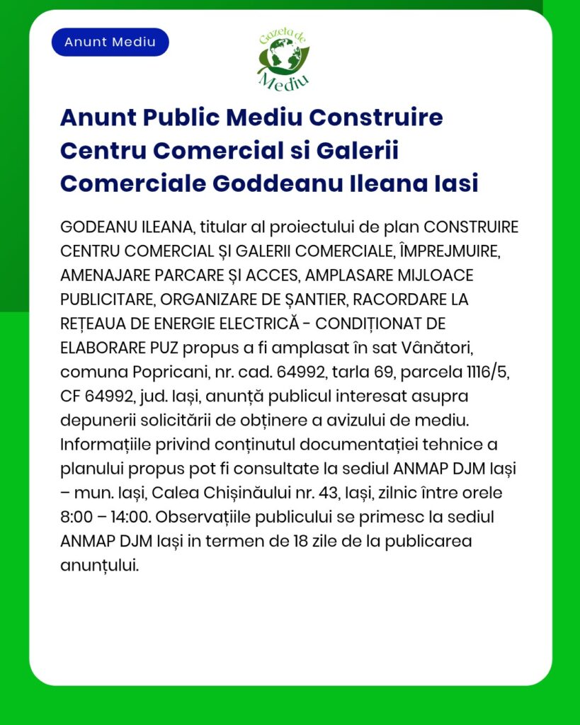 Anunt Public Mediu Construire Centru Comercial si Galerii Comerciale G