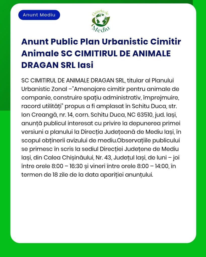 Anunt Public Plan Urbanistic Cimitir Animale SC CIMITIRUL DE ANIMALE D