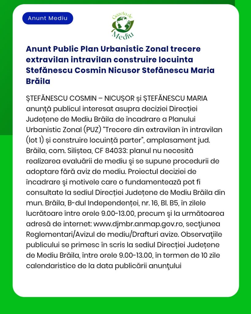 Anunt Public Plan Urbanistic Zonal trecere extravilan intravilan const