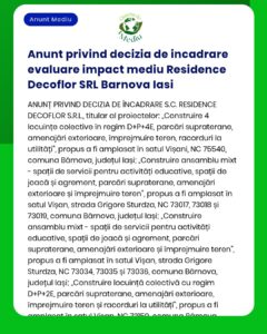 Anunt privind decizia de incadrare evaluare impact mediu Residence Dec