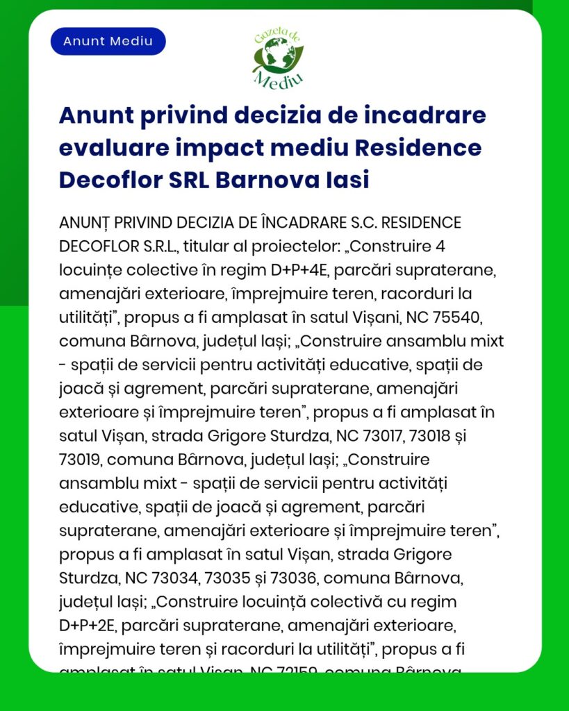 Anunt privind decizia de incadrare evaluare impact mediu Residence Dec