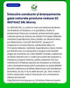Afiș informativ privind înlocuirea conductelor și a racordurilor de apă de joasă presiune de către SC INSTGAZ SRL Mureș, cu enumerarea străzilor afectate.