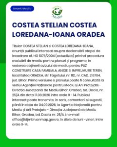 Anunț privind evaluarea de mediu pentru proiectul de construire a unei case unifamiliale și a unor anexe în Oradea, județul Bihor.