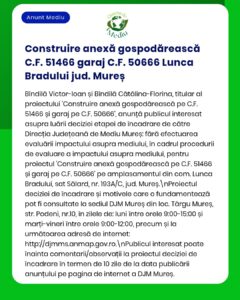 Anunț privind evaluarea de impact asupra mediului pentru un proiect de garaj în Lunca Bradului, județul Mureș.