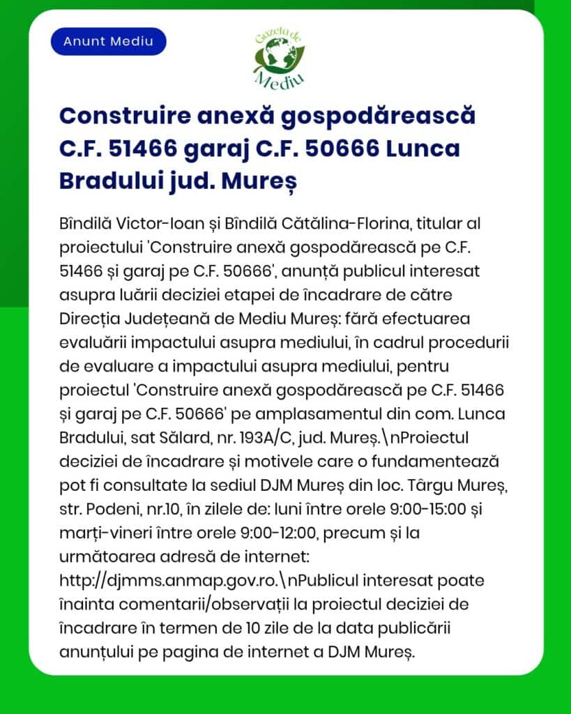 Anunț privind evaluarea de impact asupra mediului pentru un proiect de garaj în Lunca Bradului, județul Mureș.