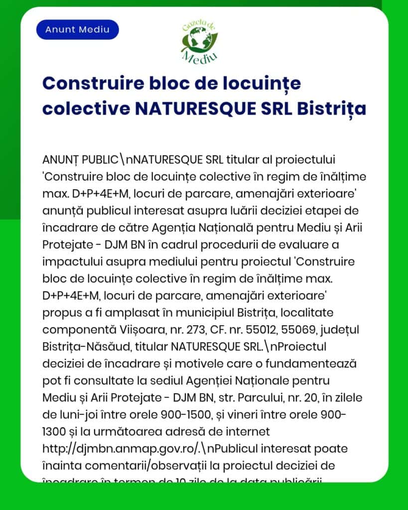 Anunț privind un proiect de locuințe colective al societății NATURESQUE SRL din Bistrița, cu detalii referitoare la procedurile de mediu și specificațiile proiectului.