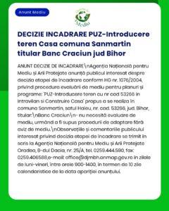 Anunț privind procedura de mediu pentru construirea unei case comunale în Sanmartin, județul Bihor, adresat lui Banc Craciun.