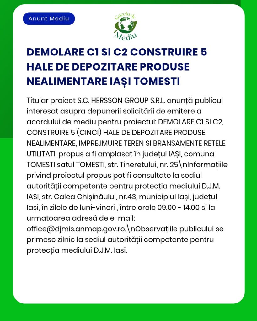 Document privind proiectul de construire a unui depozit pentru produse nealimentare în Iași, România.