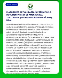 Anunț informativ privind actualizările documentației de urbanism din Finiș, județul Bihor, și intenția de a solicita autorizația de mediu, cu prezentarea cadrului juridic.