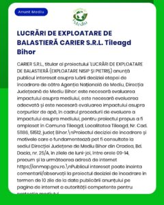 Informare privind evaluarea impactului asupra mediului pentru exploatarea unui perimetru de carieră de balast de către Carier S.R.L. din Tileagd, județul Bihor, emisă de autoritățile locale de mediu.