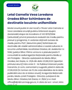 Anunț privind modificarea zonei rezidențiale din Oradea, România, cu detalii despre planificarea urbană și evaluarea de mediu realizată de APM.