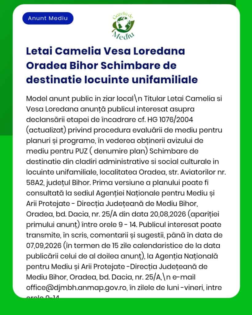 Anunț privind modificarea zonei rezidențiale din Oradea, România, cu detalii despre planificarea urbană și evaluarea de mediu realizată de APM.