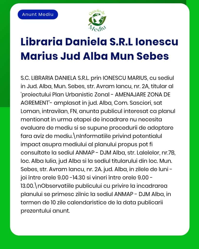Anunț privind proiectul de urbanism pentru Libraria Daniela S.R.L., reprezentată de Marius Ionescu, din Alba Iulia.
