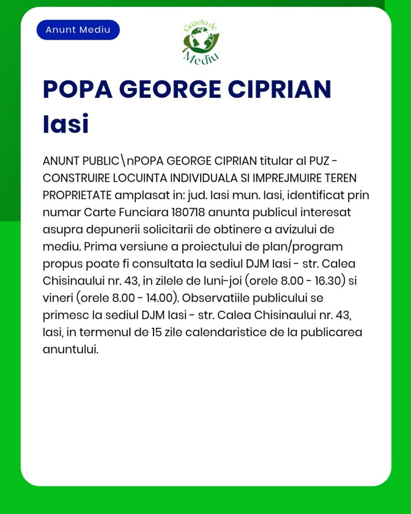 Anunț privind proiectul de locuință individuală din Iași, cu informații despre depunerea documentației la DJM.