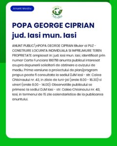 Anunț privind proiectul unei locuințe individuale în Iași, realizat de Popa George Ciprian, cu detalii despre consultarea planurilor și trimiterea de feedback.