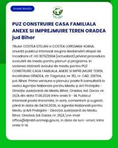 Anunț privind procedura de evaluare de mediu pentru construirea unei case unifamiliale, a unei anexe și a unui gard pe un teren din Oradea, județul Bihor.