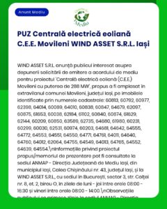 Afiș informativ privind un proiect eolian din Iași, România, care conține liste cu numerele cadastrale și informații referitoare la notificare și la procedura de obținere a avizului de mediu prin intermediul APM.