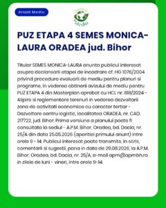 Anunț privind ședința publică referitoare la Planul de urbanism general (PUZ) – Etapa 4, SEMES MONICA-LAURA, în Oradea, județul Bihor.