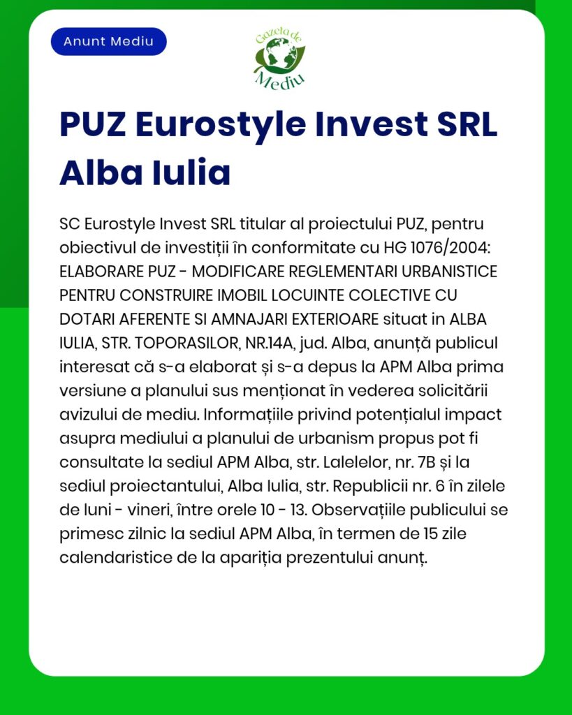 Proiect de urbanism în Alba Iulia anunțat de Eurostyle Invest SRL.