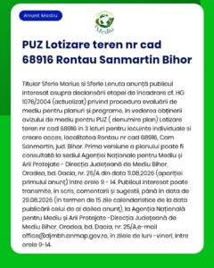 Anunț privind procedura de evaluare de mediu pentru proiectul de dezvoltare rezidențială planificat în Rontau, județul Bihor.