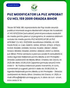 Anunț privind solicitarea autorizației de mediu pentru un proiect din Oradea, cu referințe legale și detalii despre solicitant.