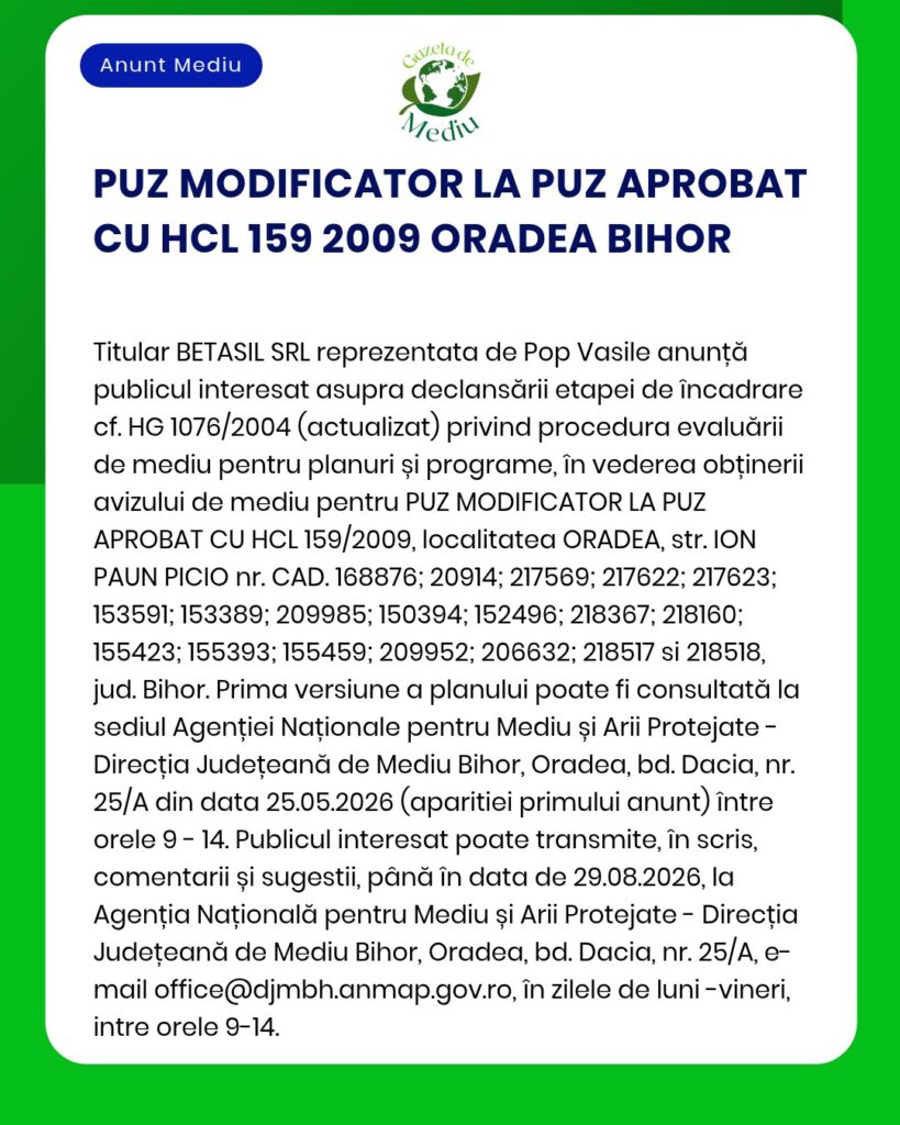 Anunț privind solicitarea autorizației de mediu pentru un proiect din Oradea, cu referințe legale și detalii despre solicitant.