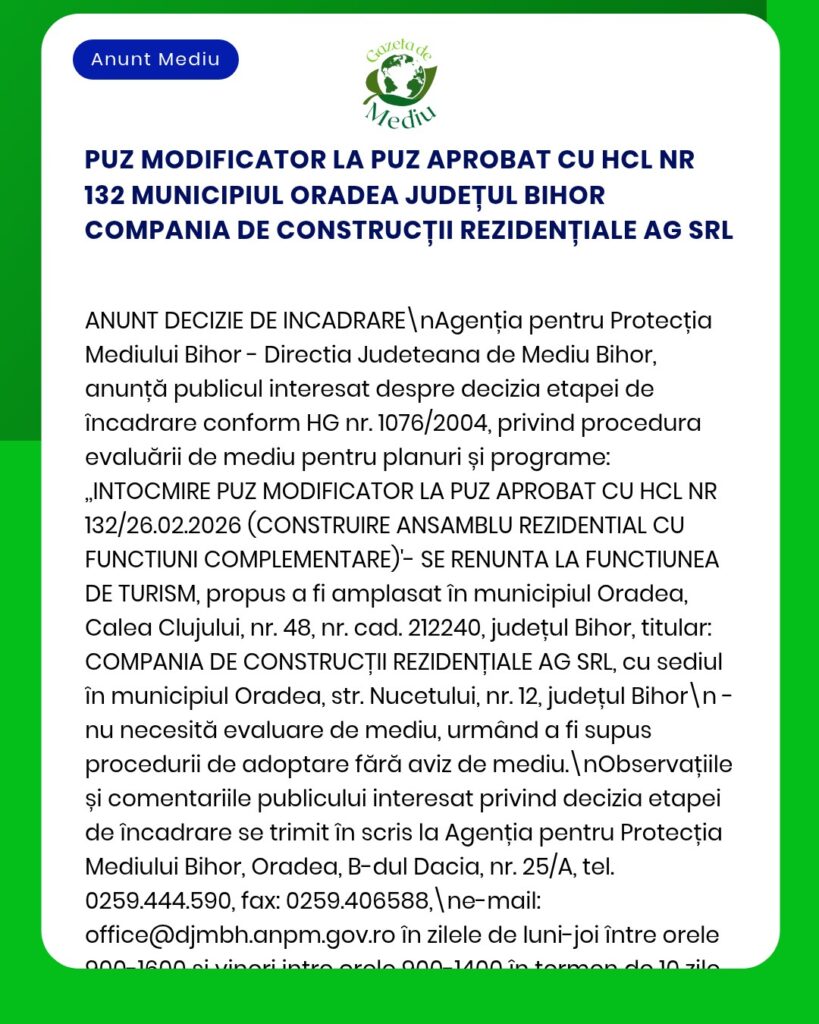 Anunț oficial al APM Bihor privind un proiect de construcție rezidențială în Oradea.