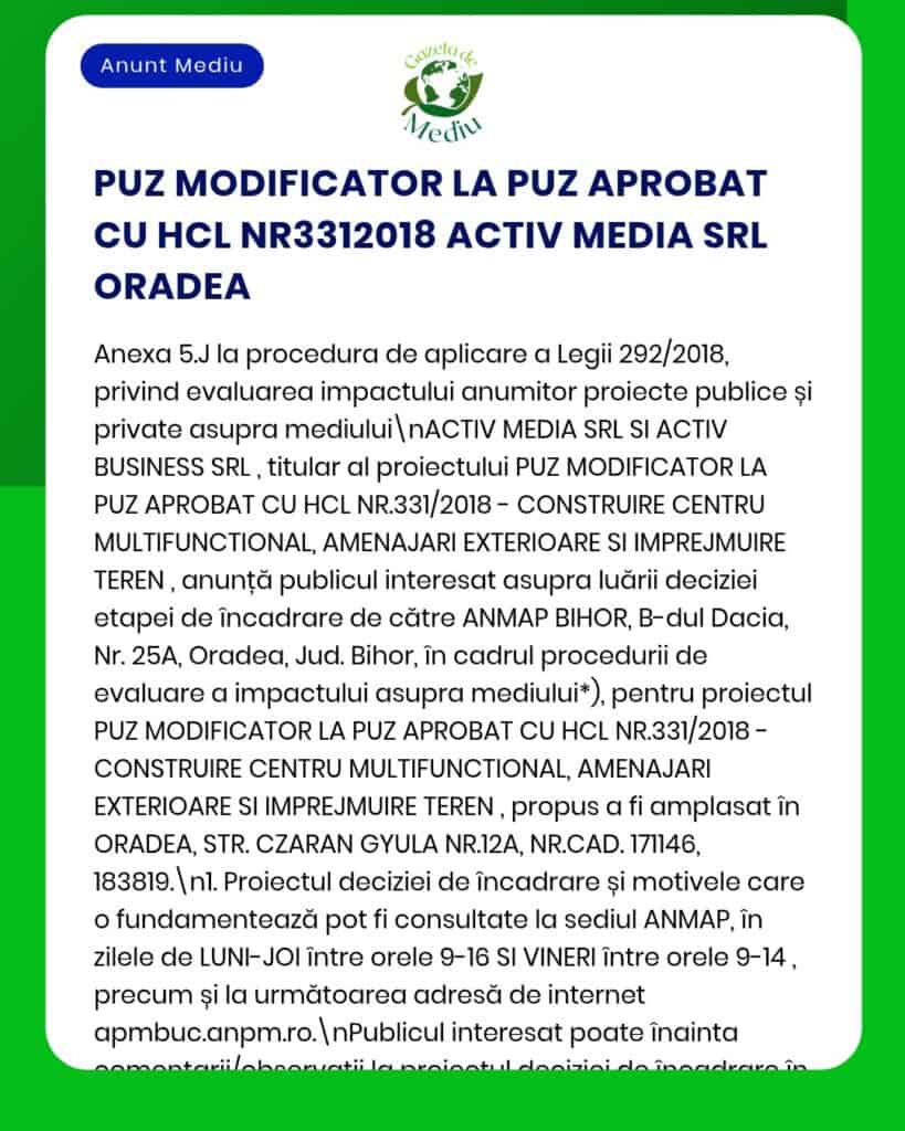 Procedura de modificare a Planului de urbanism general (PUZ) al CNSC Center Oradea, în conformitate cu Legea nr. 292/2018, cu referire la Active Media SRL și Hotărârea Consiliului Local nr. 331/2018.