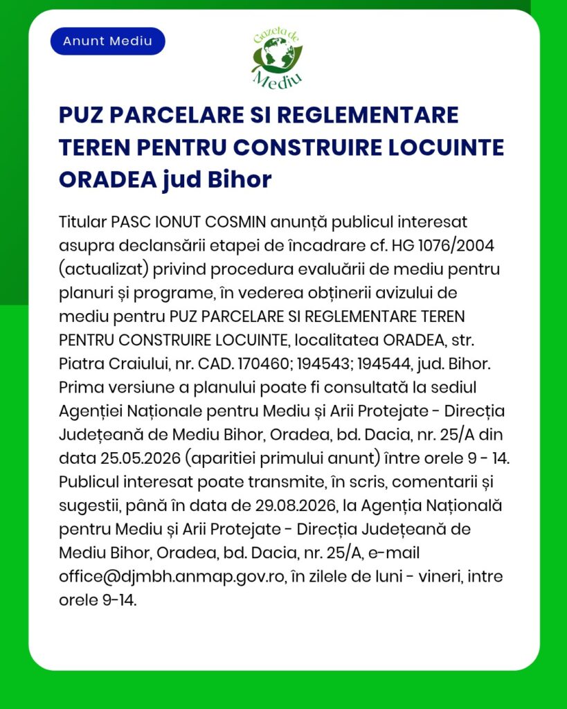 APM anunță solicitarea avizului de mediu pentru Planul urbanistic general (PUZ) privind lotizarea și reglementarea construcției de locuințe în Oradea, județul Bihor.