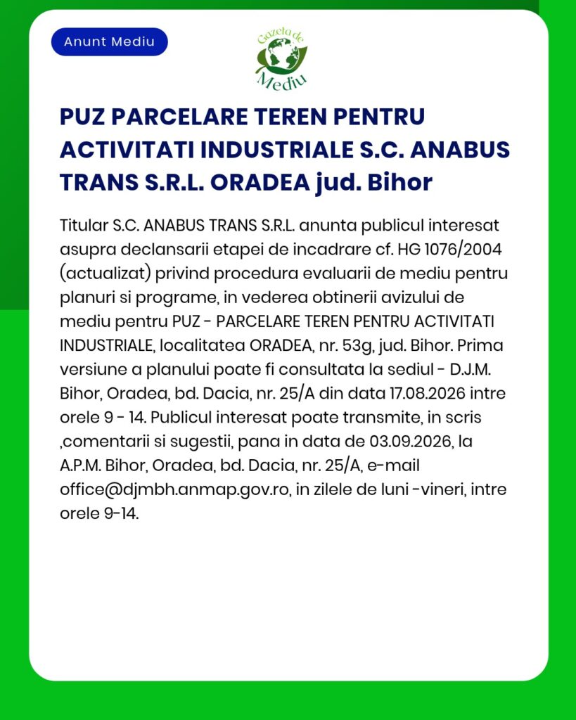 Anunț privind proiectul de parcelare a unui teren industrial în Oradea, județul Bihor, în vederea obținerii avizului de mediu de la APM.