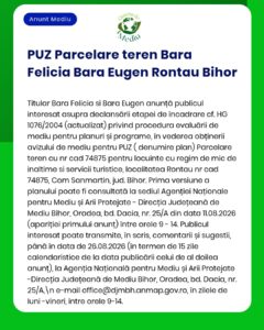 Poster despre procedura de evaluare a impactului asupra mediului pentru un teren situat în Bara Felicia Bara Eugen, Rontău, județul Bihor, România, cu detalii privind etapele procesului.