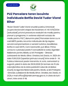 Anunț privind procedura de evaluare a impactului asupra mediului pentru planul de parcelare a terenului din Betfia, județul Bihor, România.