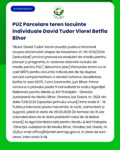 Cerere de evaluare de mediu pentru parcele individuale destinate construcției de locuințe în Betfia, județul Bihor, depusă de David Tudor Viorel.