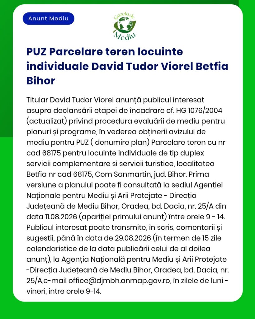 Cerere de evaluare de mediu pentru parcele individuale destinate construcției de locuințe în Betfia, județul Bihor, depusă de David Tudor Viorel.
