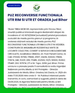 Anunț privind demararea procedurii de evaluare a impactului asupra mediului pentru un proiect rezidențial mixt planificat în Oradea, județul Bihor, cu mențiuni privind cadrul juridic relevant.