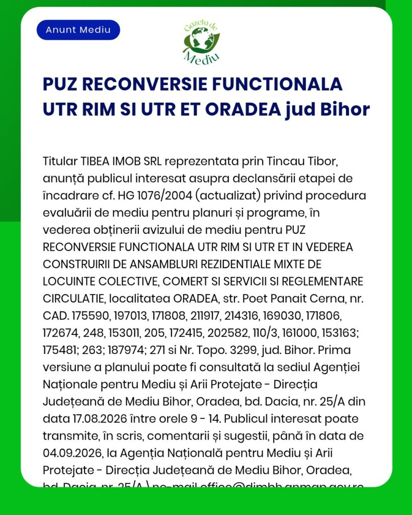 Anunț privind demararea procedurii de evaluare a impactului asupra mediului pentru un proiect rezidențial mixt planificat în Oradea, județul Bihor, cu mențiuni privind cadrul juridic relevant.