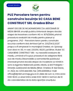 PUZ Parcelare teren pentru construire locuințe SC CASA BENE CONSTRUCT