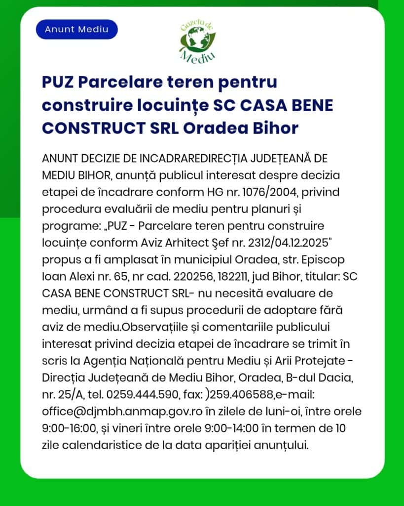 PUZ Parcelare teren pentru construire locuințe SC CASA BENE CONSTRUCT