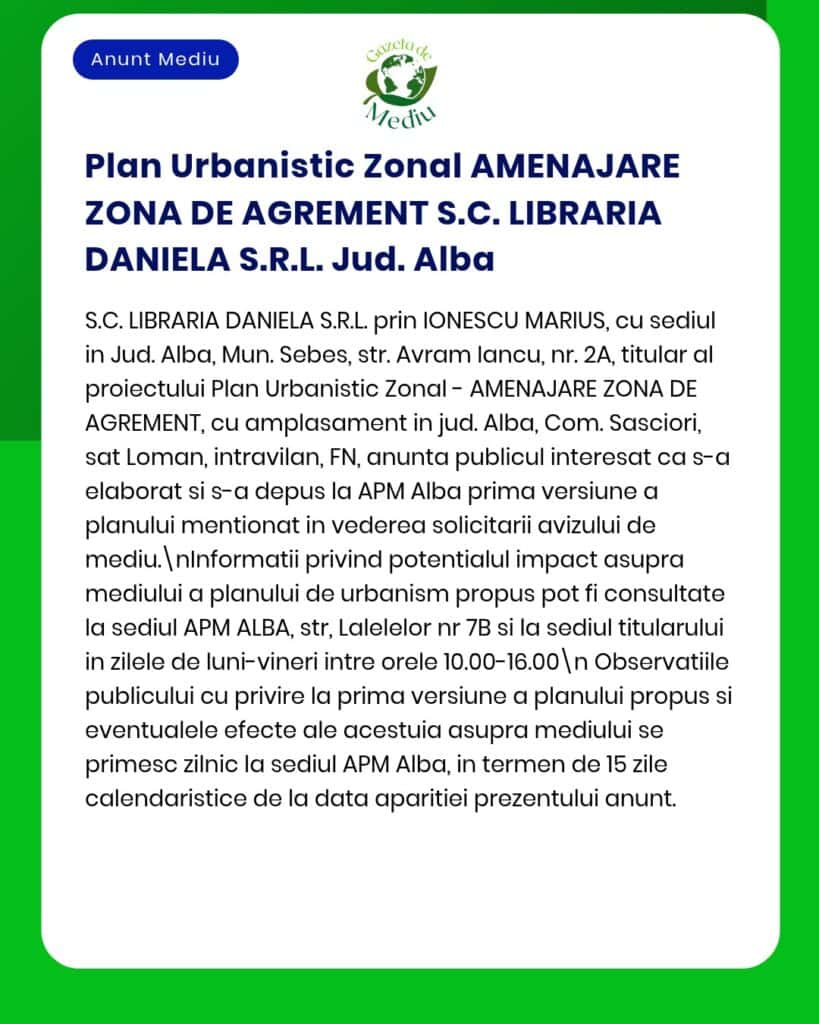 Plan urbanistic pentru o zonă de agrement elaborat de S.C. Libraria Daniela S.R.L. în județul Alba.
