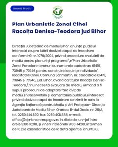 Anunț privind evaluarea de mediu pentru planul urbanistic Cihei Denisa-Techrida Bihor, emis de APM Bihor.
