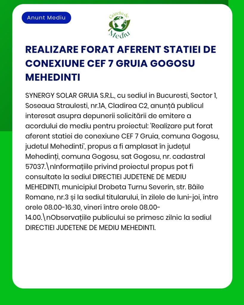 Cerere de autorizație de mediu depusă de SYNERGY SOLAR GRUIA S.R.L. pentru un proiect de stație de racordare în Gogosu, județul Mehedinți.