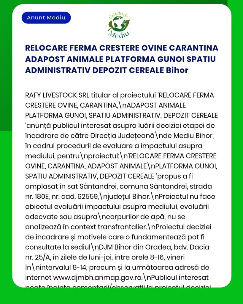 Anunț privind un proiect de fermă zootehnică, care include instalații de carantină, adăposturi, spații administrative și de depozitare.