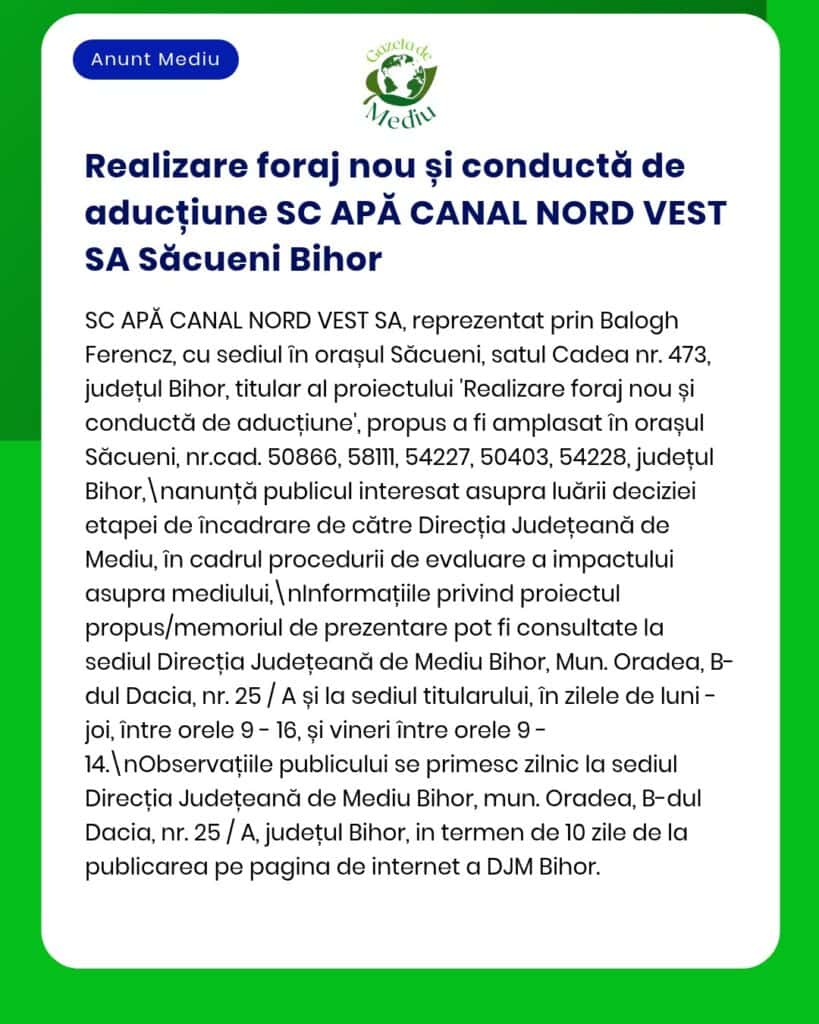 Anunț privind proiectul de foraj de apă și de instalare a conductei realizat de SC APĂ CANAL NORD VEST SA în Săcueni, județul Bihor.