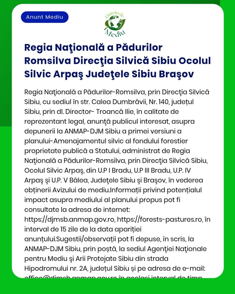 Regia Naţională a Pădurilor Romsilva Direcţia Silvică Sibiu Ocolul Sil