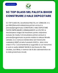 SC TOP GLASS SRL intenționează să construiască două hale de depozitare în Palota, județul Bihor.