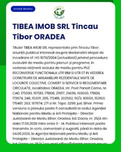 Anunț privind evaluarea de mediu de interes public pentru un proiect de complex rezidențial în Oradea, cu detalii despre terenurile implicate și specificațiile proiectului.
